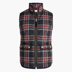 EUC, J. Crew Stewart Tartan Black & Red Plaid Puffer Vest w/ Snap Pockets, SZ XS